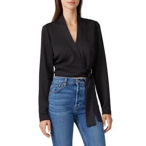 The Fifth Label Black Long Sleeve Tuxedo Collar Cropped Wrap Top Glam Women's XS